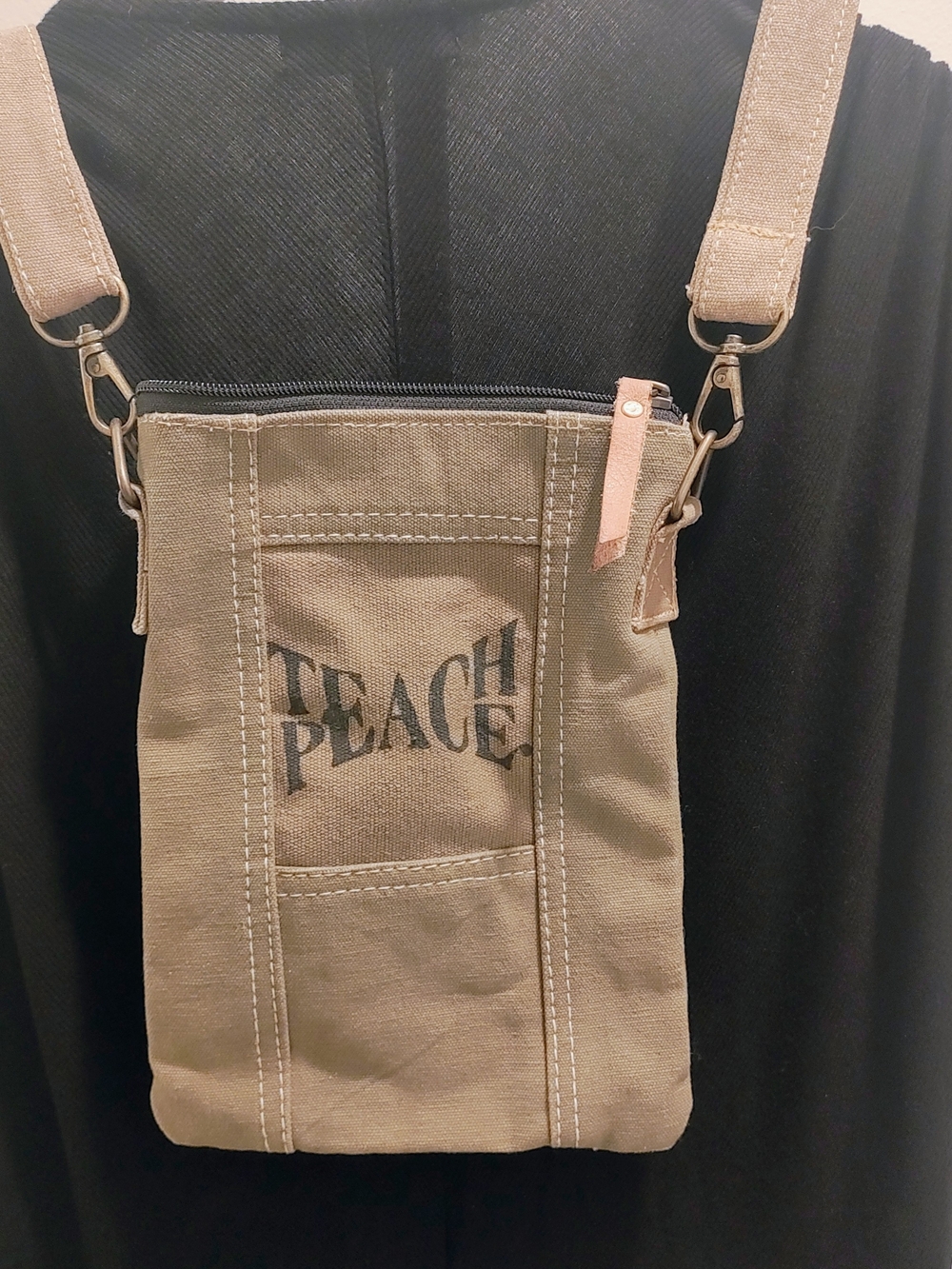 Teach Peace Khaki Canvas Crossbody Bag